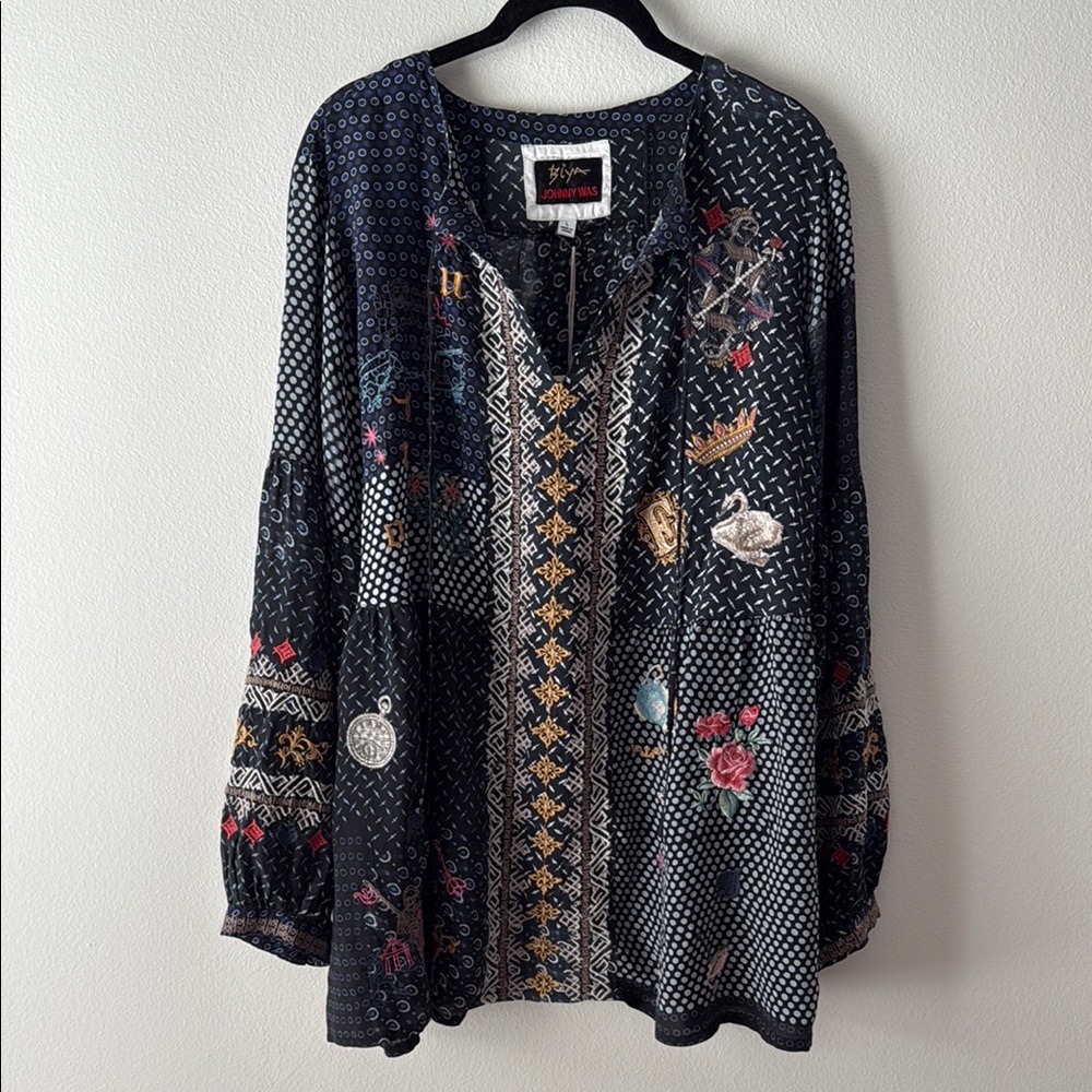 Johnny Was Biya wonder Alice in wonderland silk blouse